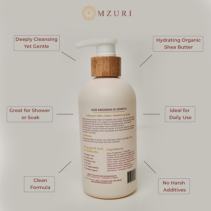 MZURI Unscented Body Wash, African Black Soap, Organic Shea Butter, and Calendula, Moisturizing, Hydrating, and Gentle Formula for Dry, Sensitive Skin, Paraben-Free Luxury Body Wash - 16 Fl. Oz