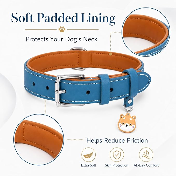 Genuine Leather Dog Collar, Soft Padded Leather Dog Collars with Airtag Holder Case for Small Medium Large X-Large Dogs,Comfort Heavy Duty Pet Collar with Durable Metal Buckle & D-Ring-Sky Blue/XS