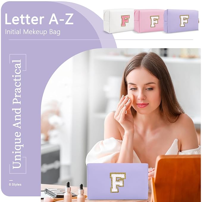 Personalized Makeup Bag Initial A-Z Preppy Patch Bag,Small PU Leather Travel Cosmetic Bag Pouch with Zipper,Purple Cute Toiletry Bag,Gift Ideal for Teen Girls Women Birthday Friend Mom,Latter F