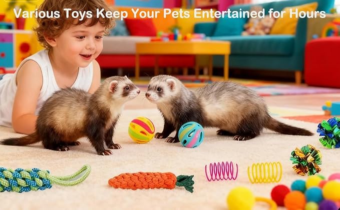 16 pcs Ferret Squeaky Enrichment Toys Set Rubber Balls Ferret Teeth Grinding Chewing Balls Teething Bouncy Bell Ball Interactive Sound Squeaker Toy Exercise Scratch Chew Toy for Ferrets Pet Cat Dog