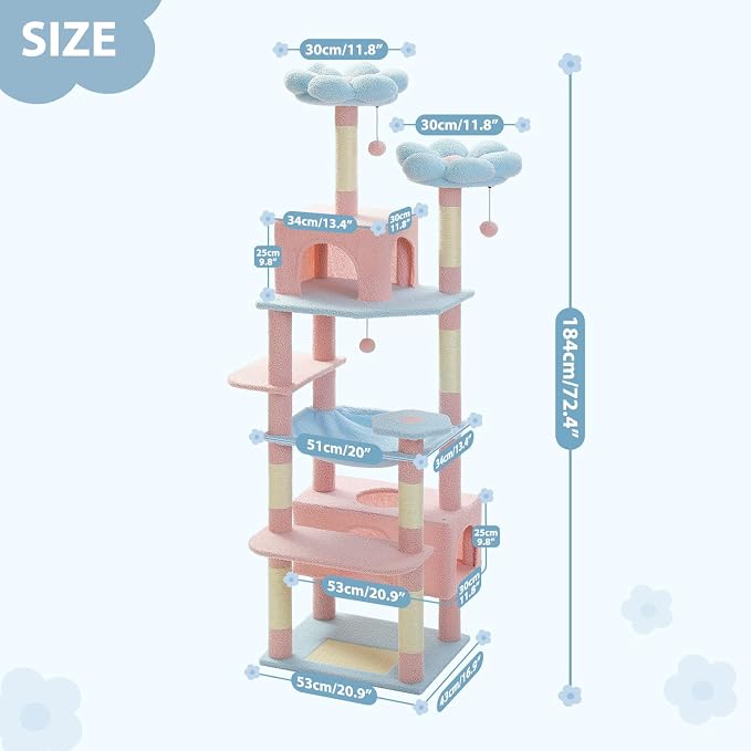 PAWZ Road Flower Cat Tree 72" Cat Tower with Condos&Hammock for Large Cats | cute cat tree in pink&blue, 20"Ă—16" hammock for adult cats, 7 scratch posts + pad, dual condos&perches for multi-cats