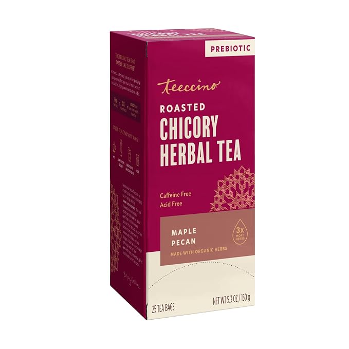 Teeccino Maple Pecan Herbal Tea - Rich & Roasted Herbal Tea That’s Caffeine Free & Prebiotic for Natural Energy, Coffee Alternative, 25 Count