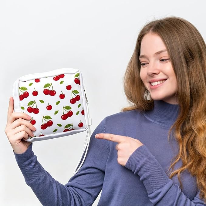 Cherry Period Bag Pouch 5.12 x 5.12 x 1.57 Inch Sanitary Napkin Storage Bag with Zipper Portable Reusable Waterproof Polyester Menstrual Pad Pouch First Period Gifts for Women Daily Use