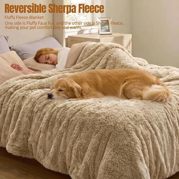 Waterproof Dog Blanket Pet Throw Blankets Fluffy Long Faux Fur Reversible Puppy Blankets 85x57in Furniture Protector Cover for Sofa Bed Couch Bed Cover Washable for Dogs Cats (Beige XL)