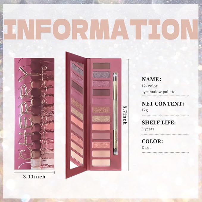 12 Colors Highly Pingmented Eye Shadow Palette Makeup Kit for Women, Purple Burgundy Fuchsia Magenta Rose Gold Eyeshadows, Matte Smoky Shimmery Metallic Shade Eyeshadow Palette Long-Lasting Waterproof