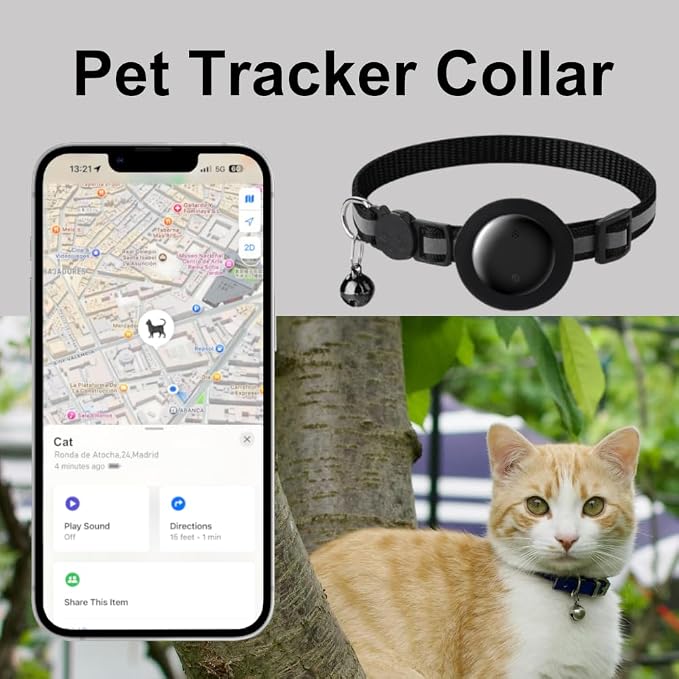 Cat Tracker Collar, Cat Collar with Finder Tag (iOS ONLY), Compatible with Apple Find My, No Monthly Fee, Cat Collar Waterproof (Black)