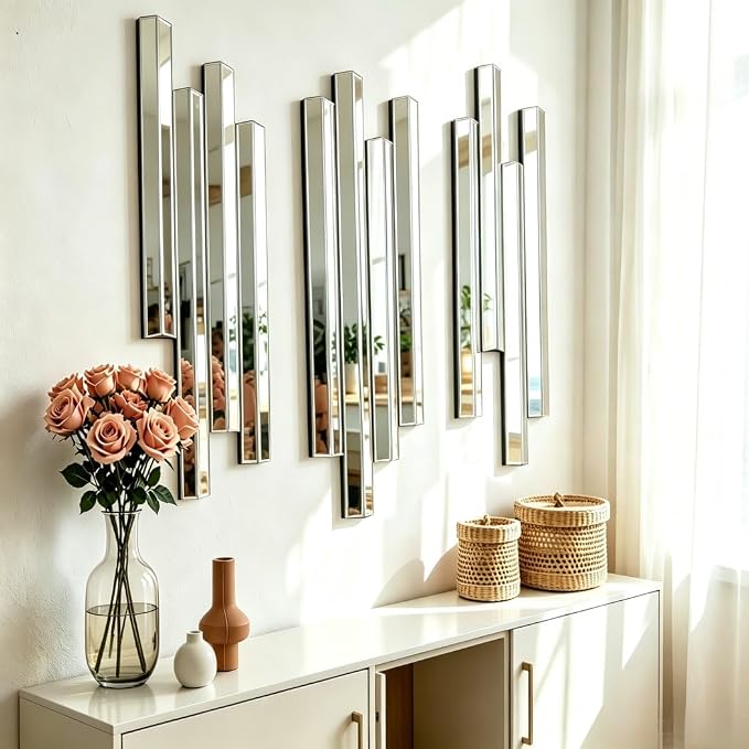 Modern 3 Pack 28x8 Staggered 3D Silver Mirror Wall Set Mirror Decor | Premium silver mirror with bevels. 4 sturdy hooks for V/H mount. Perfect for modern living, entryway & dining home decoration