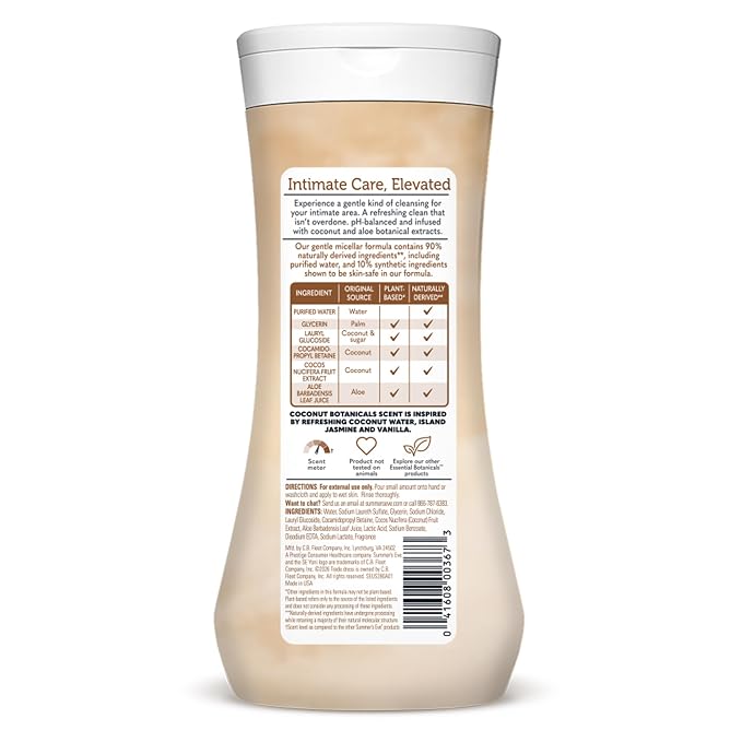 Summer's Eve Essential Botanicals Daily Feminine Wash, Coconut Aloe, Gentle pH-Balanced Body Wash for Women, Feminine Care to Remove Vaginal Odor, Gynecologist Tested, 15 fl oz (Pack of 2)