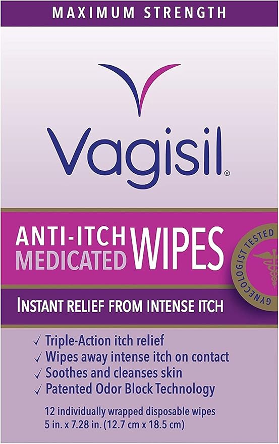 Vagisil Anti-Itch Medicated Feminine Intimate Wipes for Women, Maximum Strength, Gynecologist Tested, 12 Wipes (Pack of 1)