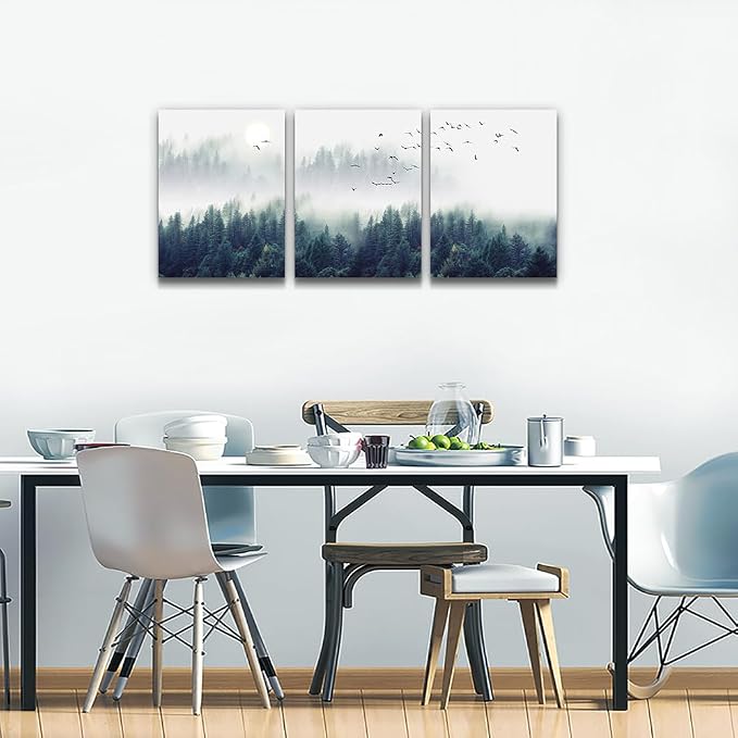 3 Piece Canvas Wall Art for Living Room Wall Decorations for Bedroom Office Wall decor Foggy forest Trees Landscape painting Stretched and Framed Ready to Hang pictures Home Decor 12"x16"x3 Panels