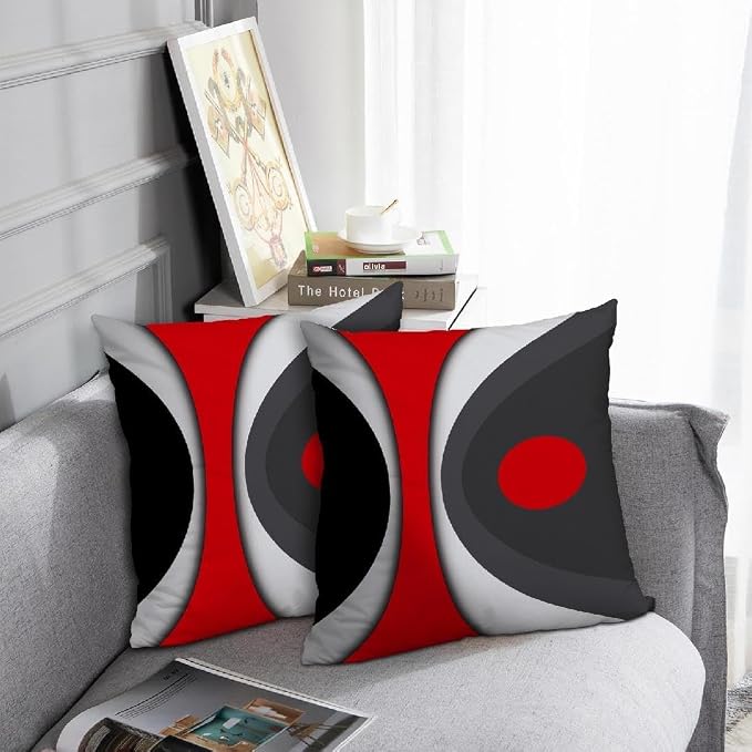 Modern Art Geometric Pillow Cover, Decorative Throw Pillow Covers Black Red Abstract Artwork Cushion Cover for Bedroom Sofa Living Room 26 x 26 Inch Set of 2