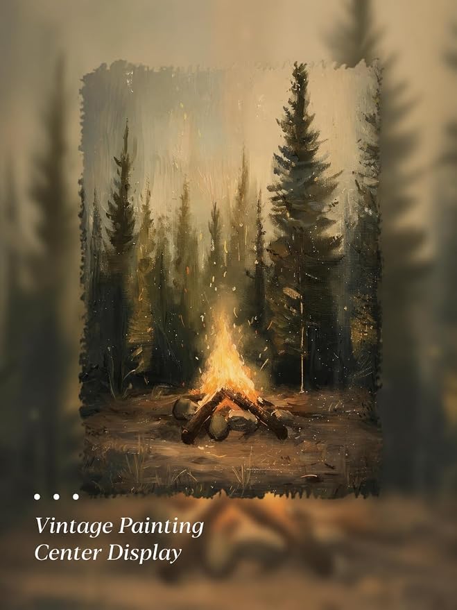 Gold Framed Wall Art, Rustic Campfire Canvas Prints, Vintage Forest Camping Cabin Picture Wall Decor, Dark Academia Woodland Nature Landscape Artwork for Living Room Bedroom 12x16 inch