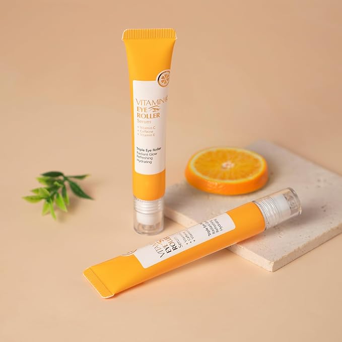 AKARY Vitamin C Eye Cream & Under Eye Serum, Refreshing, Hydrating, Radiant Glow Skin Roller Serum with 360° Massage Ball, Tightening for Women Reduce Wrinkles Fine Lines