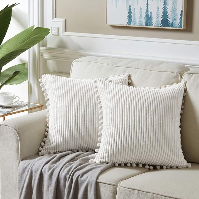 Fancy Homi 22x22 Pillow Covers, Pack of 2 Cream White Throw Pillow Covers with Pom-poms, Super Soft Corduroy Square Solid Cushion Cover for Couch Sofa Bedroom Living Room 55x55 cm