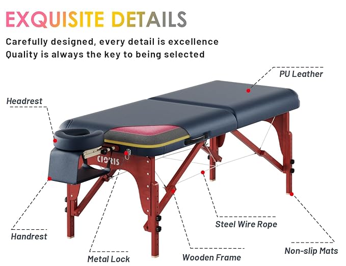 CLORIS 84" Luxury Massage Table Portable 2 Folding Lightweight Facial Salon Spa Tattoo Bed Height Adjustable with Carrying Bag & Wooden Leg Hold Up to 1500LBS Blue