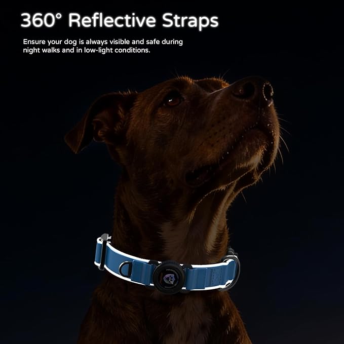 Leather AirTag Dog Collar, Magnetic Buckle, Reflective, Blue L