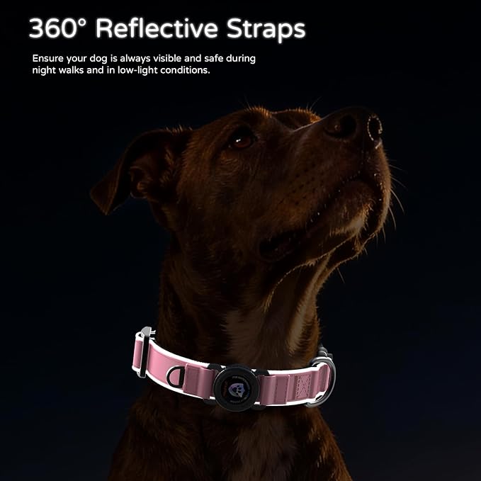 Leather AirTag Dog Collar, Magnetic Buckle, Reflective, Pink S
