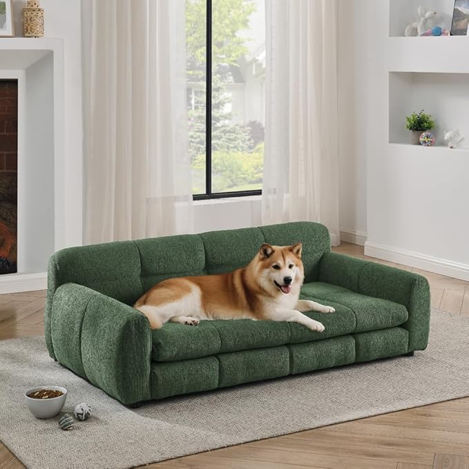 51"×28" Large Dog Sofa, for Large & Extra Large Dogs | Detachable Cushion | Reinforced Low Base|Non-Sagging |Linen Fabric | Soft Cushion | Armrest & Backrest | Olive Green