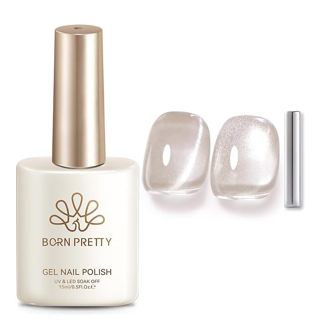 Born Pretty Nude Cat Magnetic Eye Gel Nail Polish 15ML,Jelly Glass Light Brown Crystal Glitter Shimmer Translucent Magnetic Gel Polish with Magnet,Soak Off U V Gels for Women Girl