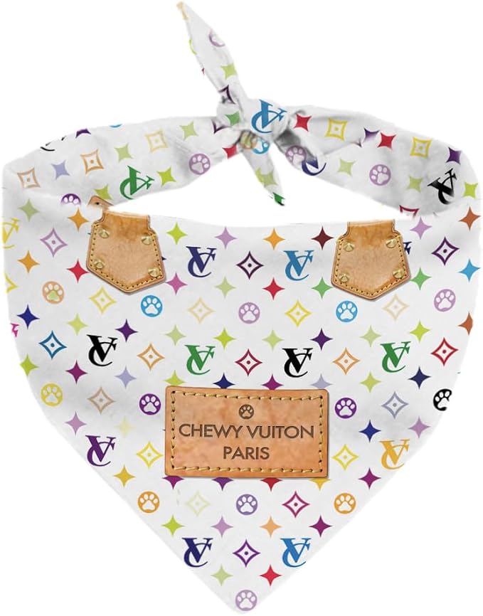 Dog Bandana Chewy Vuiton White Designer Fashion Clothes Scarf kercheif for Small Medium and Large Dogs. Funny Parody Gift for Girl or boy Dog Soft Durable Fabric, Adjustable tie-on Style Triangle