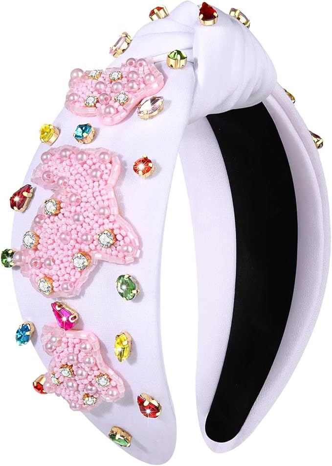 mokkia Easter Headbands Beaded Rabbit Bunny Headband for Women Pink Spring Knotted Headband Easter Hair Accessories Gifts