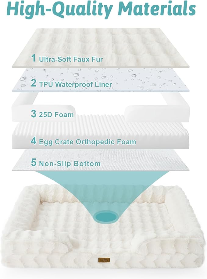 COZY KISS Faux Fur Orthopedic Dog Bed Washable for Large Dogs, L Sized | Soft Warm Pet Sofa with Sides or Bolster, Non-Slip and Big Dog Couch with Removable Waterproof Cover, 36x27 inch, Beige