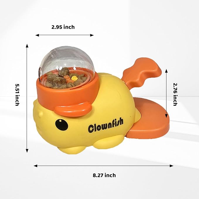 Interactive Clownfish Dog Treat Dispenser Toy with Spinning Tail, Puzzle Slow Feeder for Dogs & Cats, Treat Dispensing Food Puzzle Feeder, Includes Cleaning Cloth & Brush (Yellow)