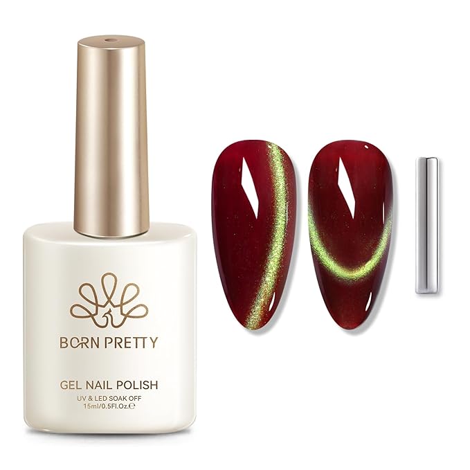 Born Pretty 15ML Cat Magnetic Eye Gel Nail Polish,Watermelon Red Green Colors Glitter Holographic Magnetic Gel Polish,Glitter Magnetic Nail Polish for Manicure Salon DIY