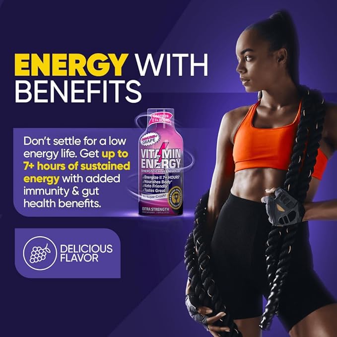 Vitamin Energy Immune+ Extra Strength Energy Shot Grape 12 Pack, 260mg Natural Caffeine, B-Vitamins, Citicoline, Green Tea, Immunity & Focus Support, Zero Sugar, Gluten-Free 1.93 fl oz