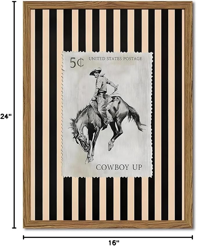 Vintage Western Wall Art, Rodeo Cowboy Horse Postage Wall Decor Mid Century Southwest With Stripes Western Canvas Prints for Living Room Bedroom Bathroom 16x24 inch Framed