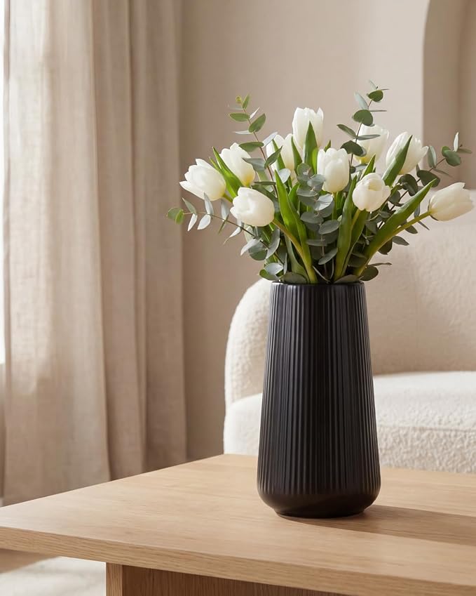 Black Ceramic Vase, 8 Inch Flower Vase for Pampas Grass, Modern Ribbed Decorative Vase with Narrow Opening for Living Room Table, Shelf Decor