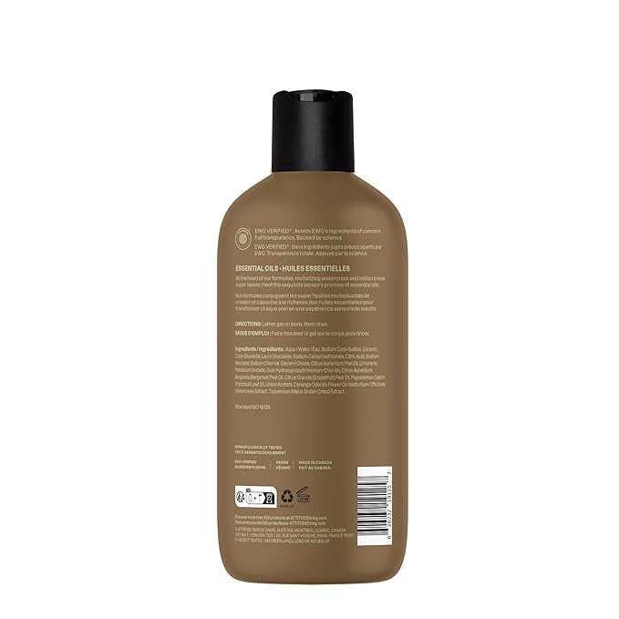 ATTITUDE Body Wash with Essential Oils, Moisturizing Shower Gel, Gentle Daily Cleanser, EWG Verified, Vegan Clean Beauty Skin Care, Bergamot & Ylang Ylang, 15 Fl Oz
