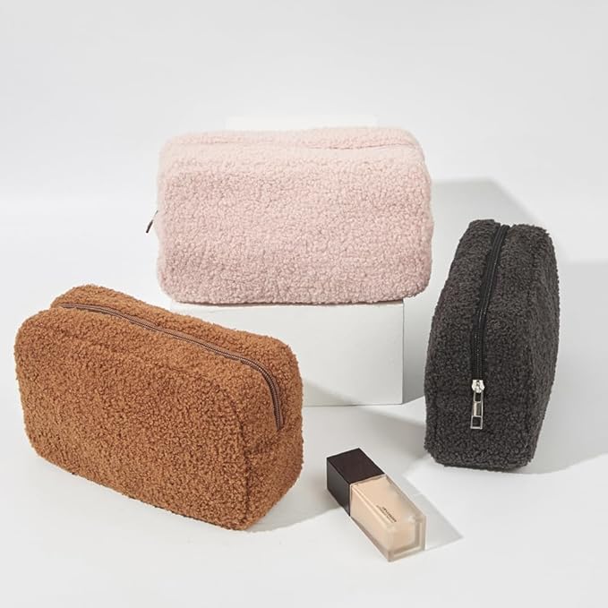 Cute Makeup Bag, Initial Cosmetic Bag, Fuzzy Makeup Bags for Women, Preppy Pink Makeup Pouch with Chenille Letter, Personalized Gifts for Women, Pink V