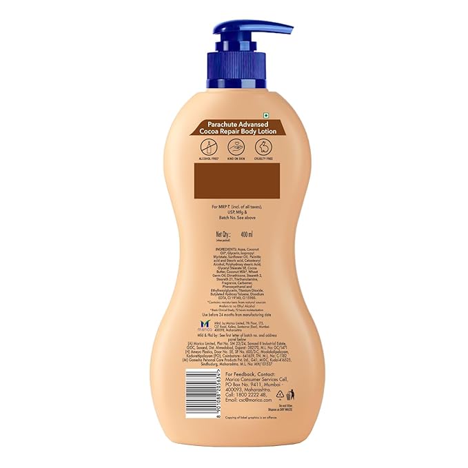 Parachute Advansed Cocoa Repair Body Lotion for Very Dry Skin, Intense Moisture with Coconut Milk and Cocoa, 13.5 Fl oz, Pack of 2