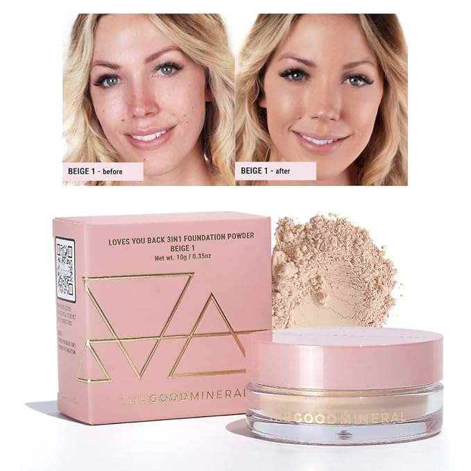 The Good Mineral Loves-You-Back 3in1 Mineral Powder Foundation (BEIGE 1) | Designed for Rosacea, Acne-Prone, Sensitive Skin | 3IN1 Concealer, Powder + Foundation | Non-Caking, Non-Drying