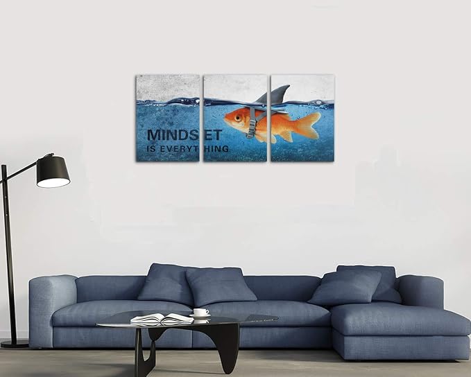 3 Panels Modern Framed Inspirational Canvas Wall Art Goldfish Body Strong Shark Heart Mindset is Everything Motivational Wooden Decor Posters for Office Gym Classroom Home Decoration(60''W x 28''H)