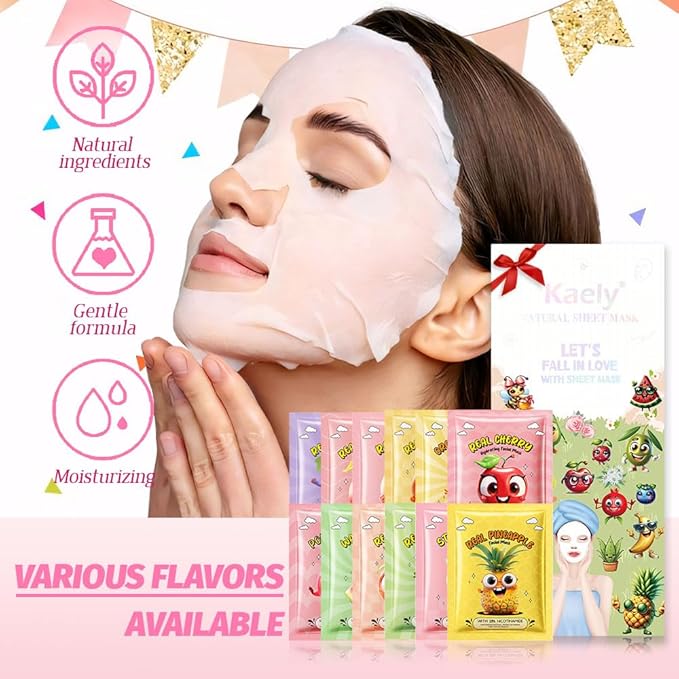 evpct 12-Pack Fruit Sheet Face Facial Masks for Women Skincare Spa, Facial Spa Day Slumber Sleepover Birthday Party Favors Supplies, Natural Ingredients, Hydrate and Soothe for All Skin Types, SetA02
