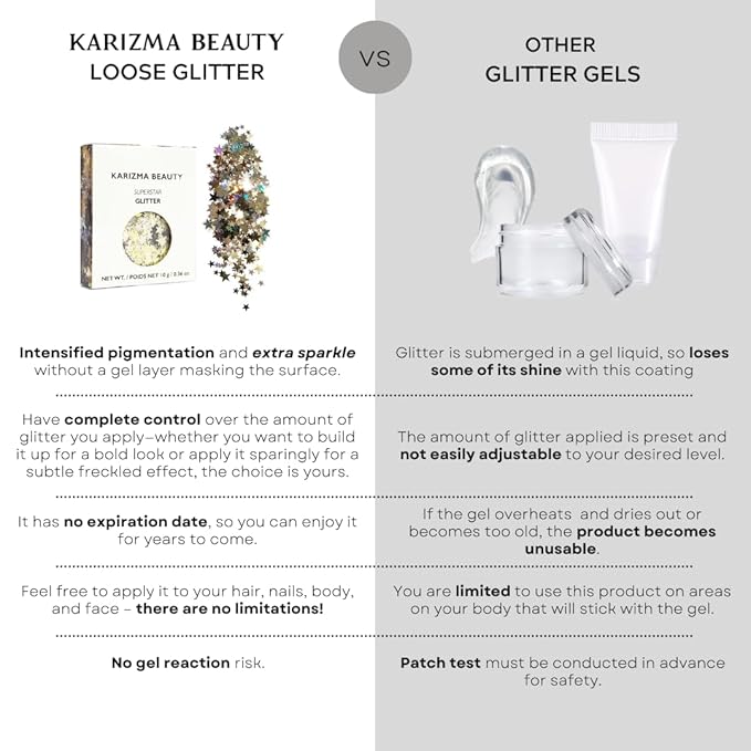 KARIZMA Superstar Glitter. 10g Chunky Face, Hair, Eye and Body for Women. Rave, Festival Accessories, Cosmetic Makeup. Loose Set