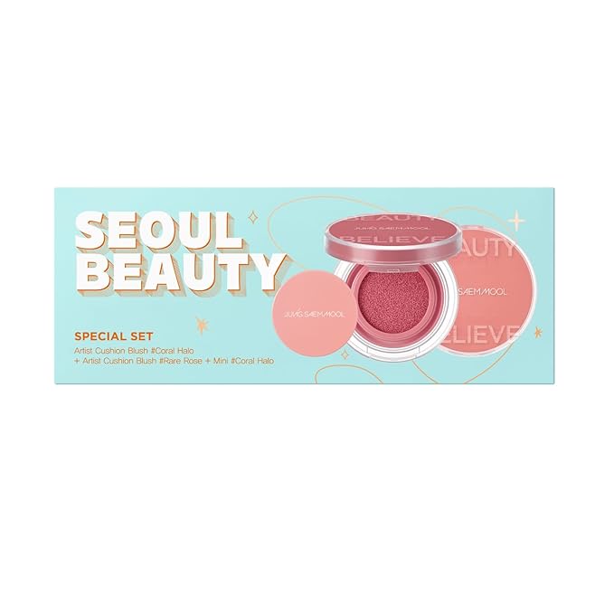 JUNG SAEM MOOL Artist Cushion Blush | Easy to Blend with Puff, Buildable Liquid Blush for Cheeks with a Dewy & Natural Finish, Korean Makeup (Seoul Beauty Gift Set, Coral Halo & Rare Rose)