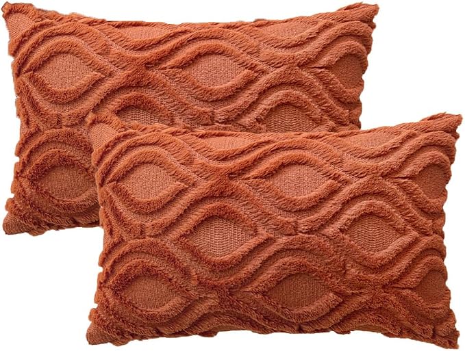 MIULEE Rust Fall Soft Plush Faux Wool Lumbar Throw Pillow Covers 12x20 | Set of 2, Farmhouse Boho Home Decor, Decorative Cushion Covers for Sofa, Living Room, Bed
