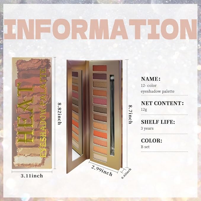 12 Colors Highly Pigmented Eye Shadow Palette Makeup Kit for Women, Nude Brown Peach White Purple Bronze Gold Eyeshadows, Matte Smoky Shimmery Metallic Shade Eyeshadow Palette Long-Lasting Waterproof