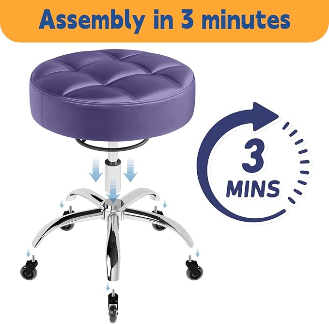YEEZEE Heavy Duty 400lb Rolling Stool: Super Soft Leather Seat Cushion, 360 Swivel, Height Adjustable, No Squeak, No Tip Over, Salon & Spa Stool, Purple