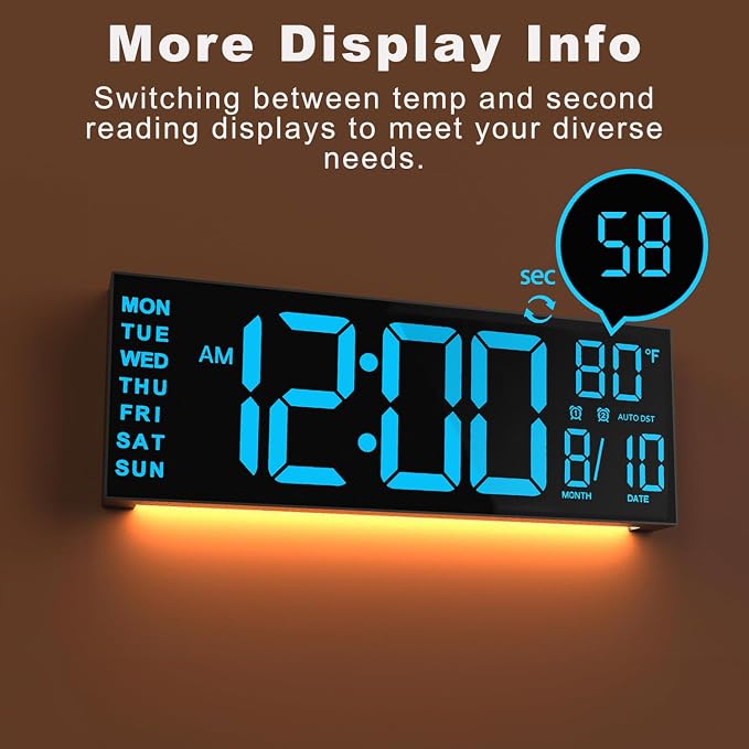 JALL 13" Large Digital Wall Mount Clock, Count Down Timer, Alarm, Big LED, DST, Temperature for Living Room Classroom Desk, Xmas, Birthday Gift for Senior Mom Dad, RGB