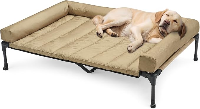 Veehoo Outdoor Elevated Dog Bed with Waterproof Bolster Cushion, Cooling | Raised Dog Bed with Removable & Washable Mat Topper, Breathable Mesh, Dog Couch Cot for Indoor Outdoor, 49", Large, Beige