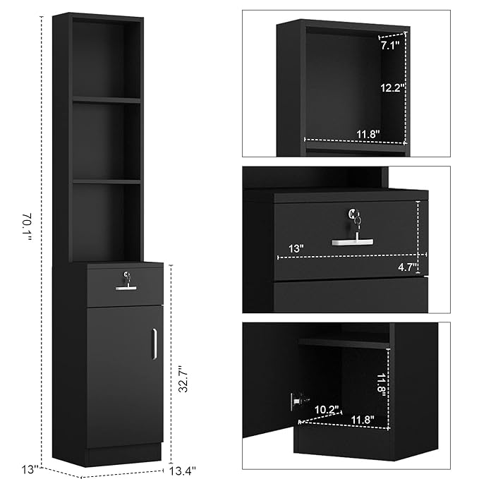 Paddie Hair Salon Stations, Lockable Barber Stations Wall Mount Salon Equipment for Hair Stylist with 1 Lockable Drawer & 1 Storage Cabinet (No Holders, Black)