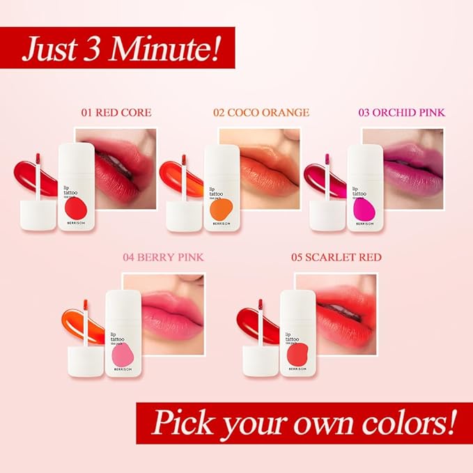 Berrisom Lip Tattoo Tint Pack 6g – Waterproof, Peel‑Off Lip Stain, Smudge‑Resistant & Long‑Lasting Color, Hydrating Low‑Irritation Formula, 5 Color (Red Core)