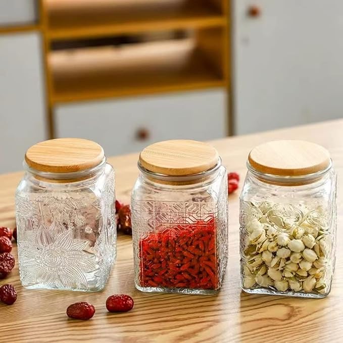 25.3 FL OZ Square Glass Jar, Glass Storage Canister with Airtight Lid, Glass Food Storage Containers for Candy, Coffee, Tea, Canning, Cute Jar (Square Begonia) | Glass Food Storage Container for Coffee, Tea, Candy, Sugar, Decorative Jar Cute Jar (Squar...
