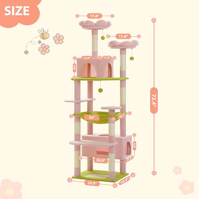 PAWZ Road Flower Cat Tree 72" Cat Tower with Condos&Hammock for Large Cats | cute cat tree in pink&green, 20"×16" hammock for adult cats, 7 scratch posts + pad, dual condos&perches for multi-cats