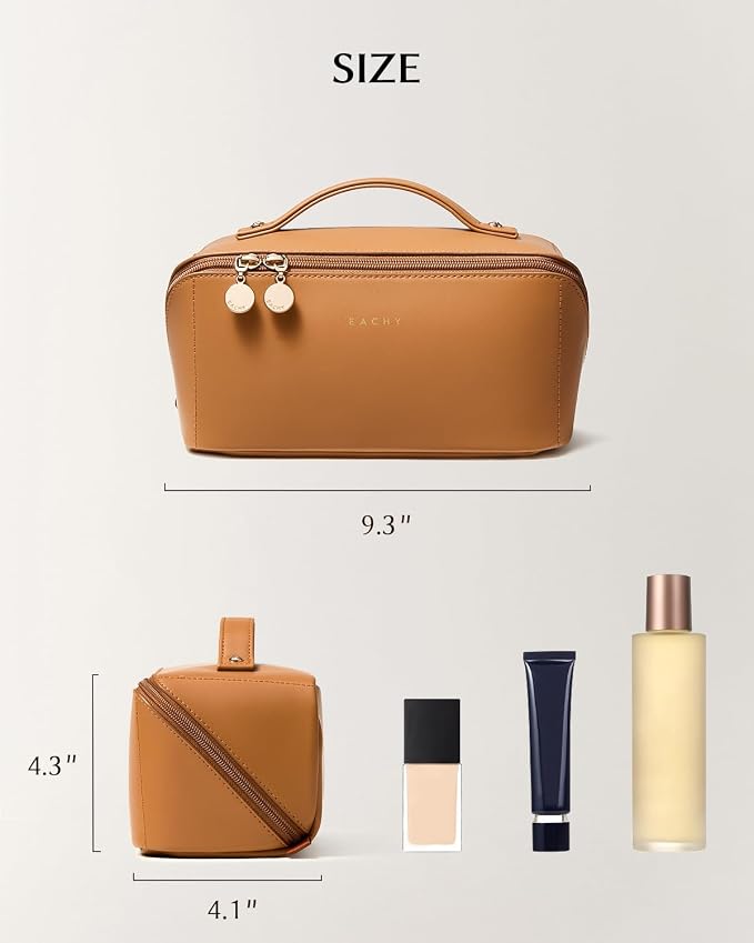 EACHY Travel Makeup Bag, Large Capacity Cosmetic Bag for Women, Waterproof PU Leather, Flat Open Portable Toiletry Bag for Skincare, Brushes & Travel Essentials