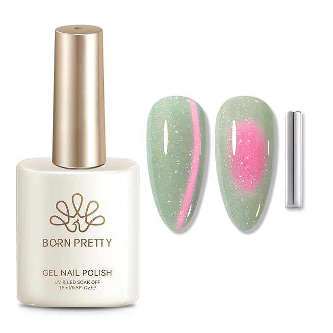Born Pretty Reflective Glitter Cat Magnetic Eye Gel Nail Polish 15ML,Green Pink Guava Colors Glitter Sparkly Shiny Disco DJ LED Magnetic Gel Polish Sparkly Shiny U V Gels for Home Salon